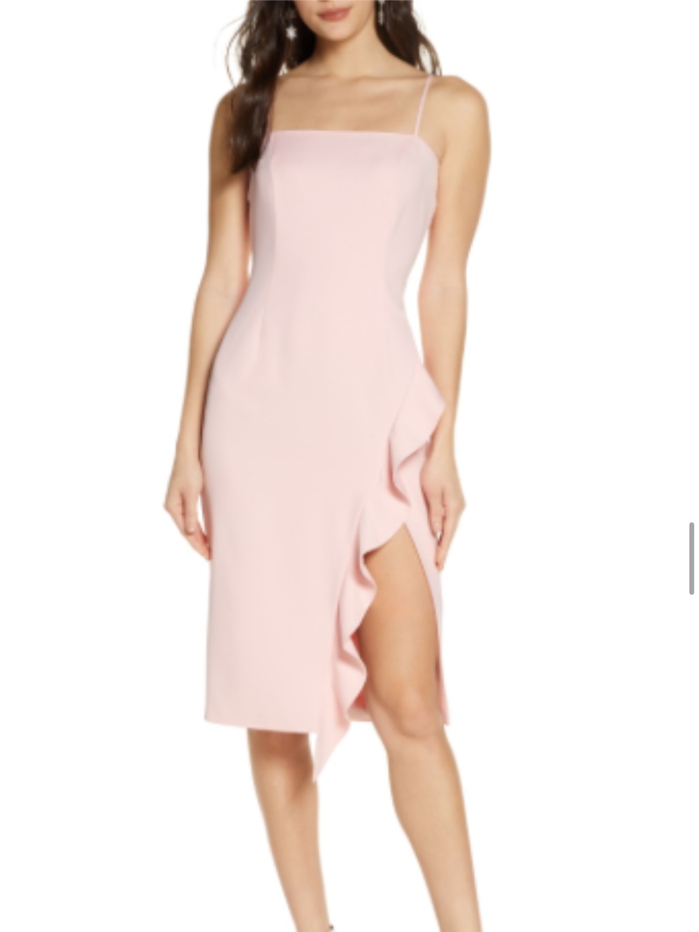 Bardot Blush Pink Spaghetti-Strap Midi Dress with Ruffle Slit